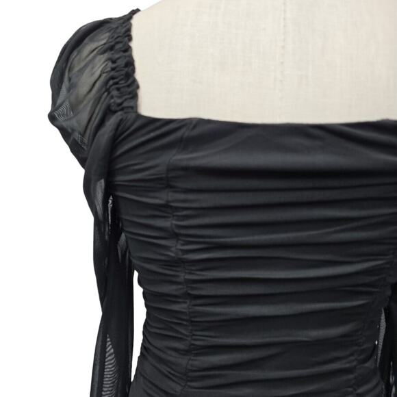 NWT Bebe Black Ruched Long Puff Sleeve Sheer Mesh Bodysuit Womens Size Small - Picture 11 of 13